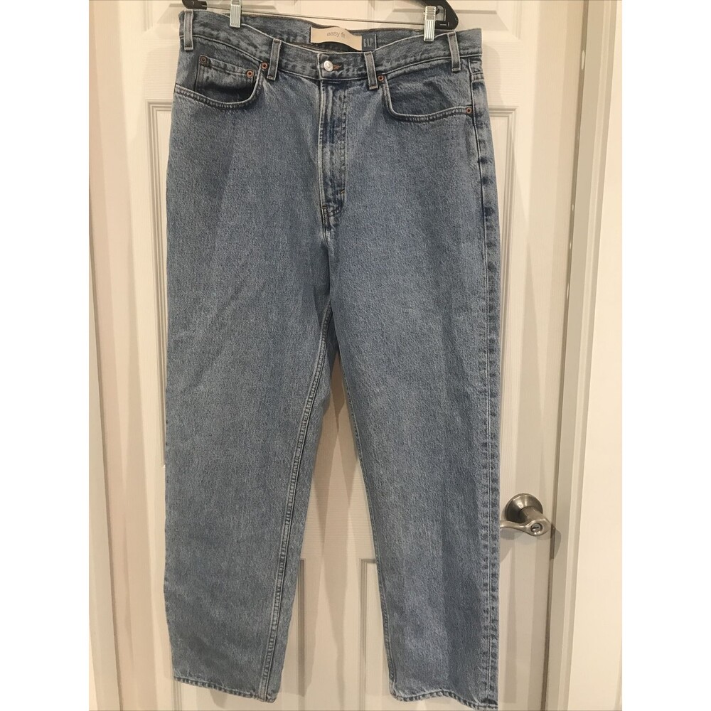 Gap Easy Fit Jeans Mens 38 X 32 High Rise Tapered Solid Cotton Stone Blue Denim